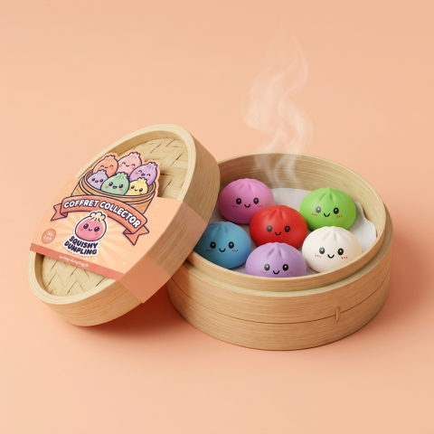 Dumpling Squishy Collection Set of 6 in its bamboo steamer box