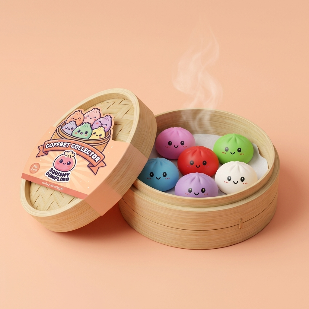 Dumpling Squishy Collection Set of 6 in its bamboo steamer box