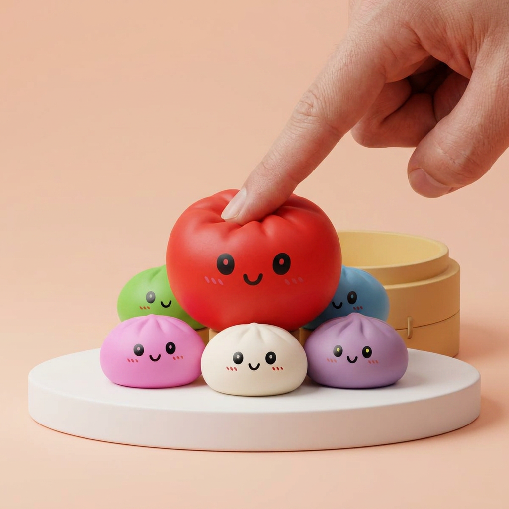 Dumpling Squishy Collection Set of 6 being squeezed, soft slow-rise foam