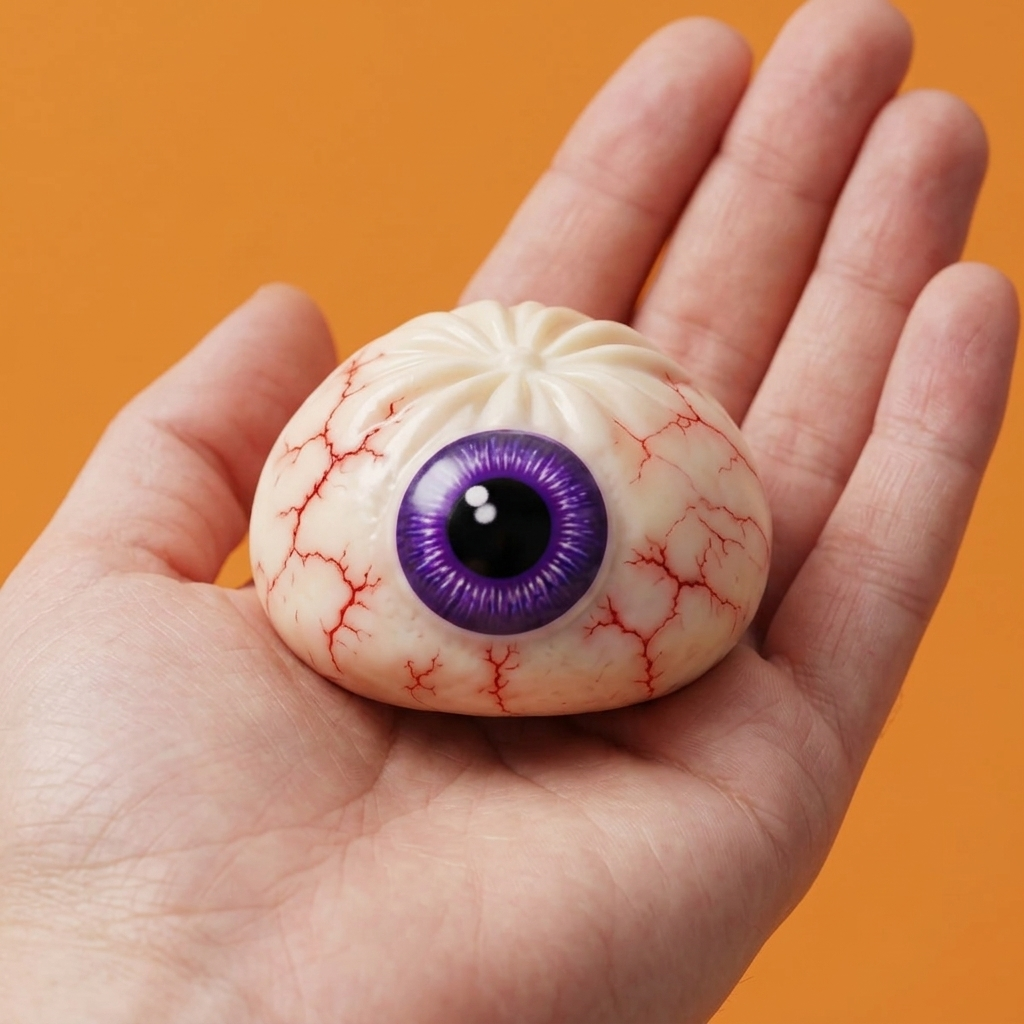 Halloween Eye Dumpling Squishy held in hand, actual size