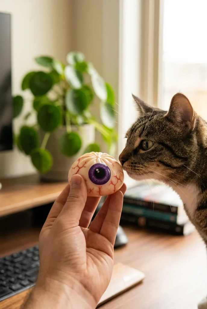 Halloween Eye Dumpling Squishy with a plush friend