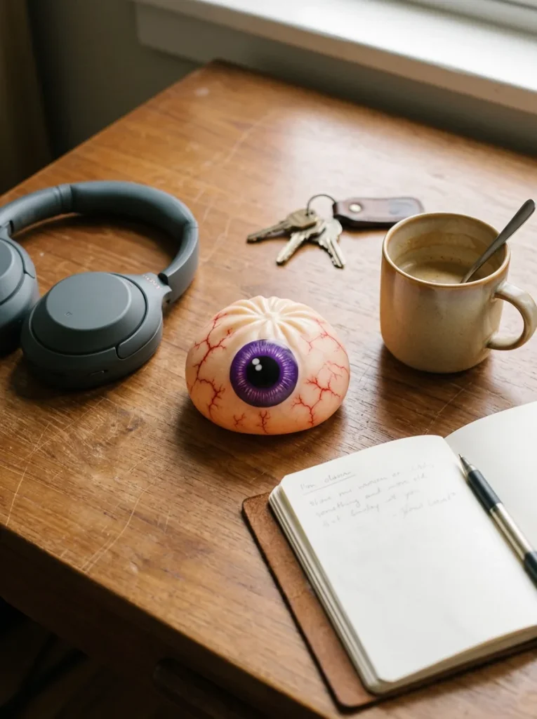 Halloween Eye Dumpling Squishy on the desk