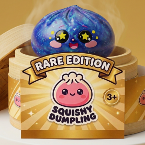 Galaxy Dumpling Squishy in its bamboo steamer box