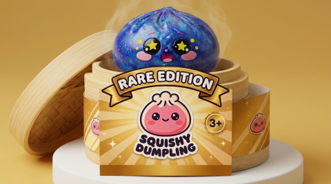Galaxy Dumpling Squishy in its bamboo steamer box