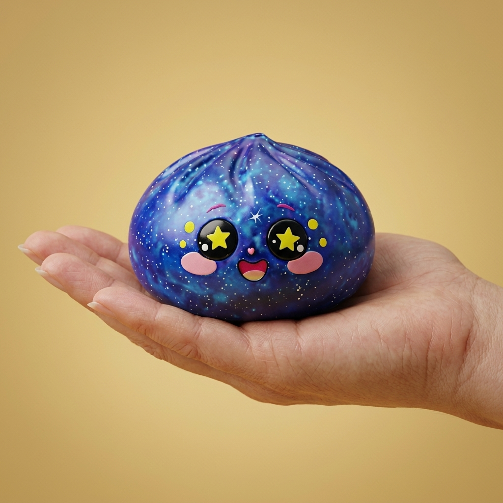 Galaxy Dumpling Squishy held in hand, actual size