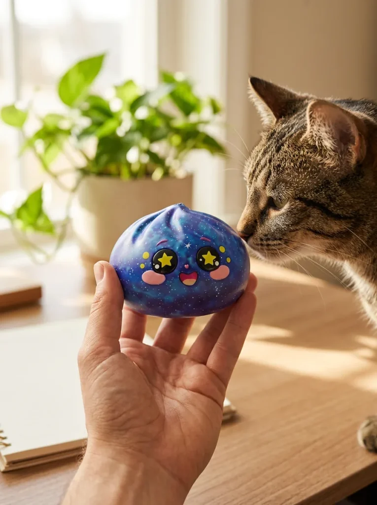 Galaxy Dumpling Squishy with a plush friend