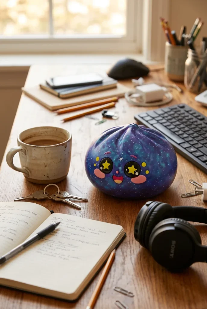 Galaxy Dumpling Squishy on the desk