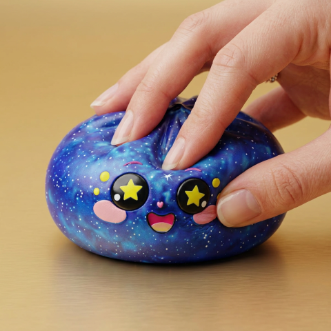 Galaxy Dumpling Squishy being squeezed, soft slow-rise foam