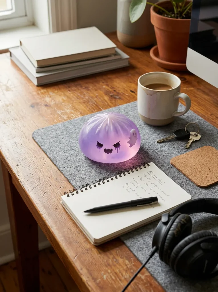 Boo Ghost Dumpling Squishy on the desk