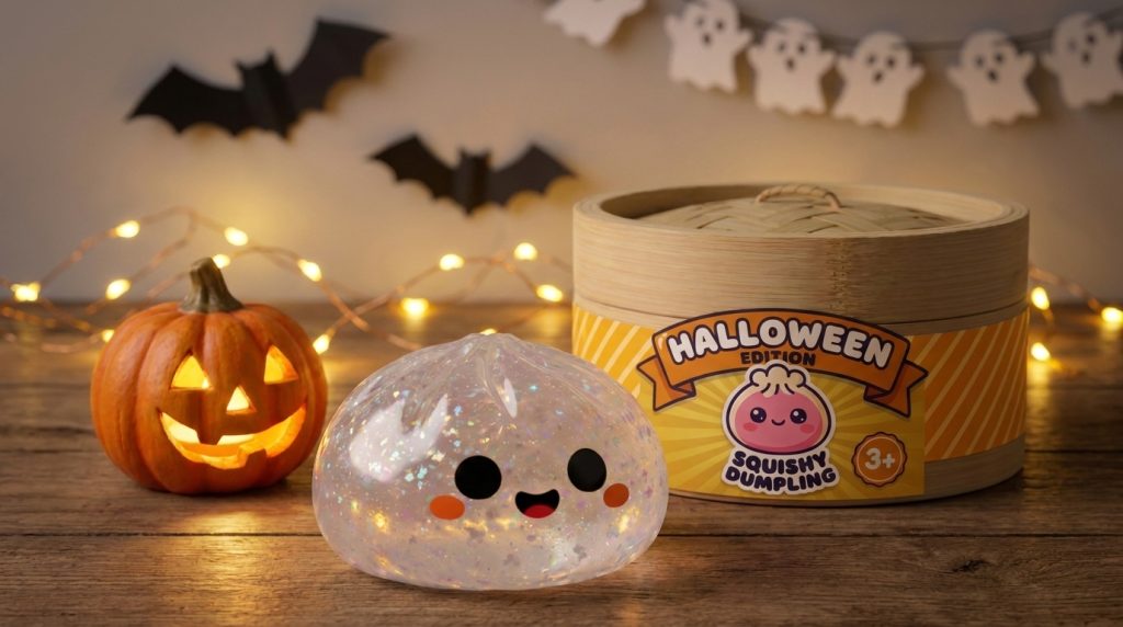 Ghost Halloween Glitter Dumpling Squishy in its kawaii setting