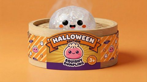 Ghost Halloween Glitter Dumpling Squishy in its bamboo steamer box