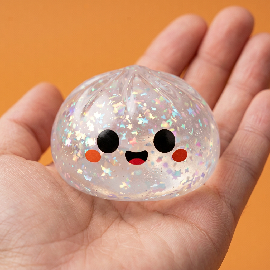 Ghost Halloween Glitter Dumpling Squishy held in hand, actual size