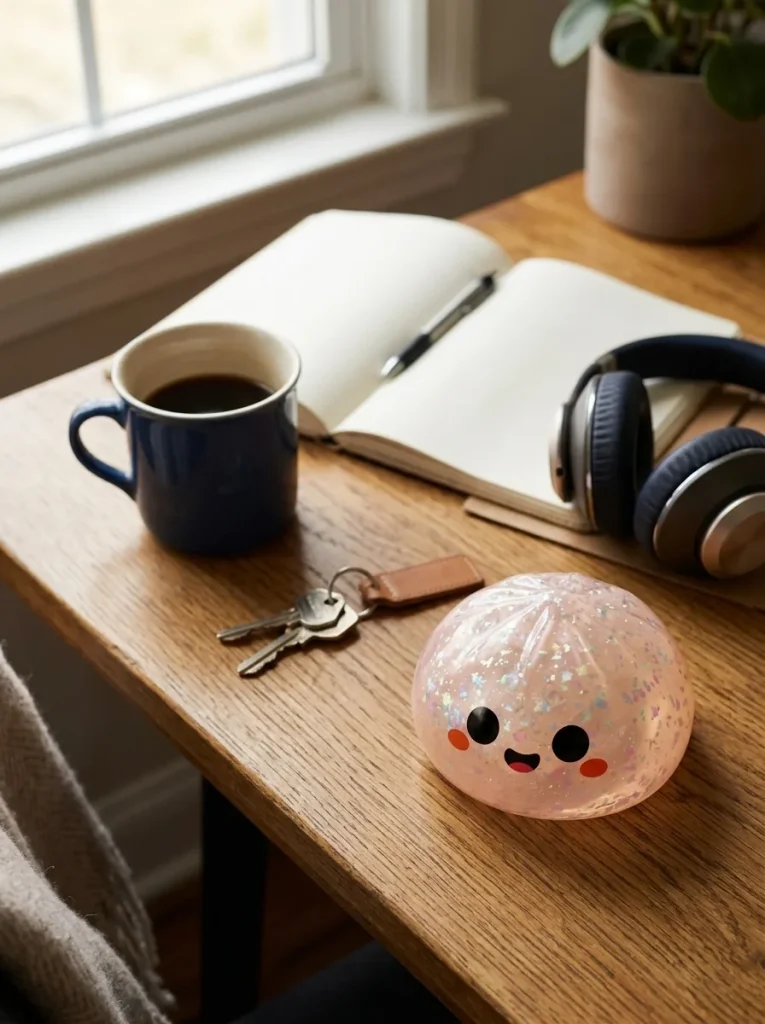 Ghost Halloween Glitter Dumpling Squishy on the desk