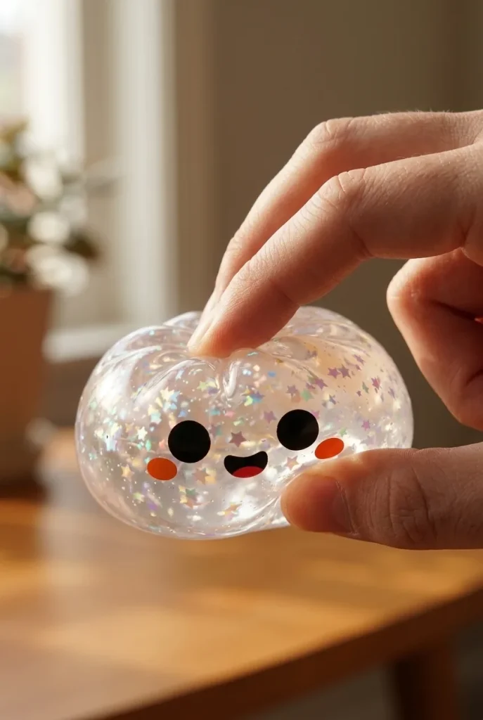 Ghost Halloween Glitter Dumpling Squishy mid-squish
