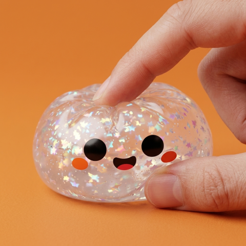 Ghost Halloween Glitter Dumpling Squishy being squeezed, soft slow-rise foam