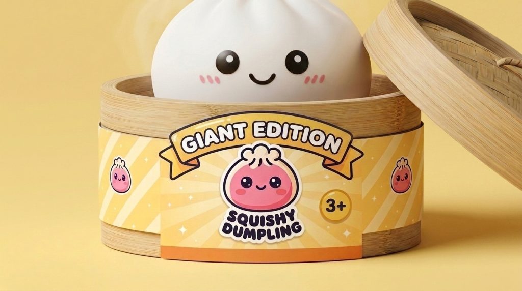 Giant Dumpling Squishy Toy XXL in its bamboo steamer box