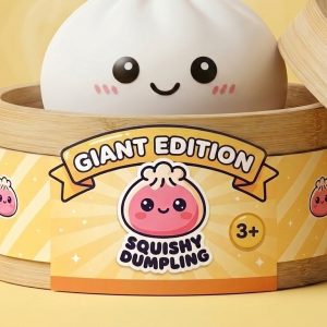 Giant Dumpling Squishy Toy XXL in its bamboo steamer box