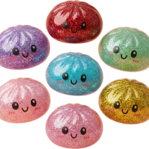 Glitter Dumpling Squishy Set of 6 being squeezed, soft slow-rise foam