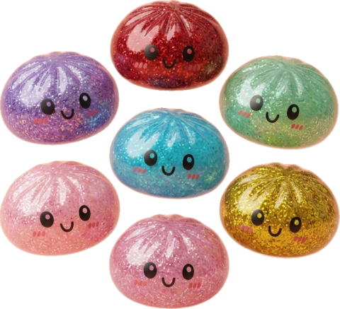 Glitter Dumpling Squishy Set of 6 being squeezed, soft slow-rise foam