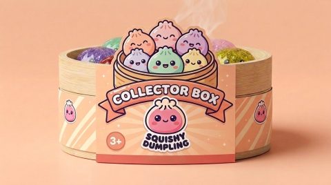 Glitter Dumpling Squishy Set of 6 in its bamboo steamer box