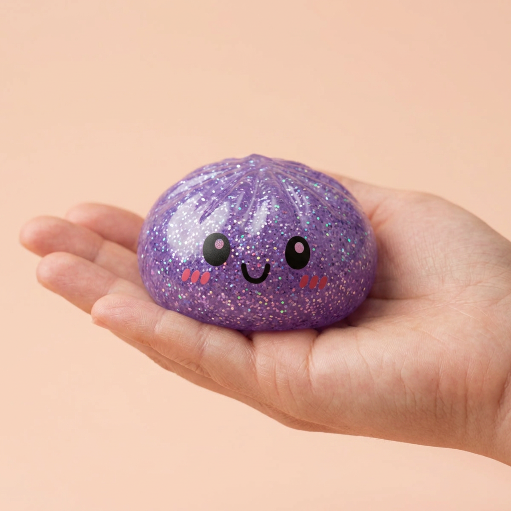Glitter Dumpling Squishy Set of 6 held in hand, actual size
