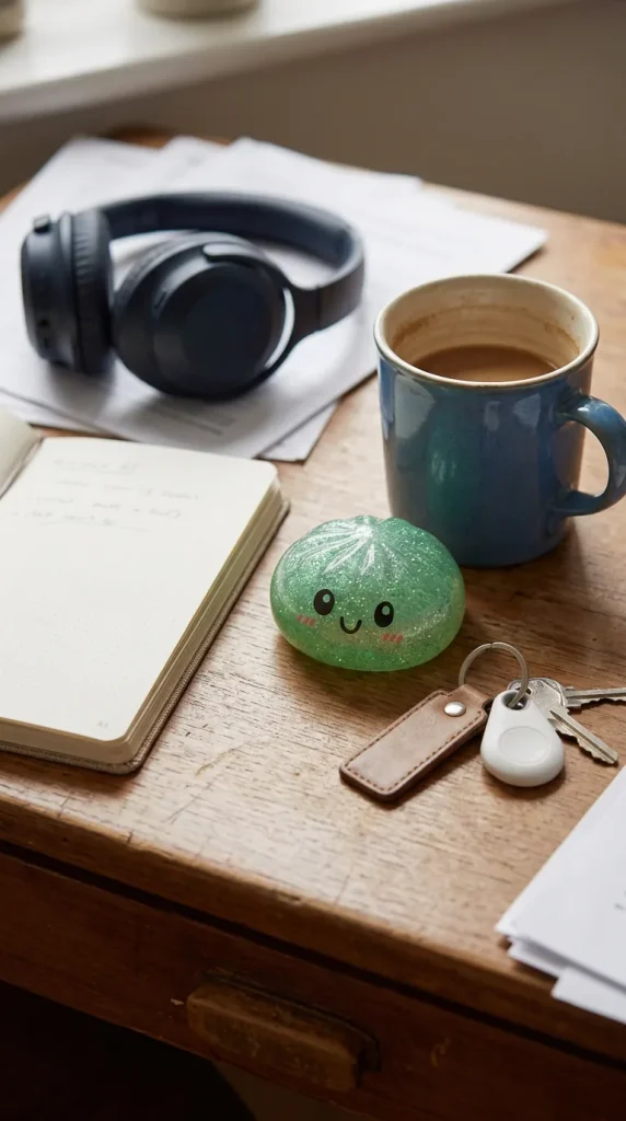 Glitter Dumpling Squishy Set of 6 on the desk