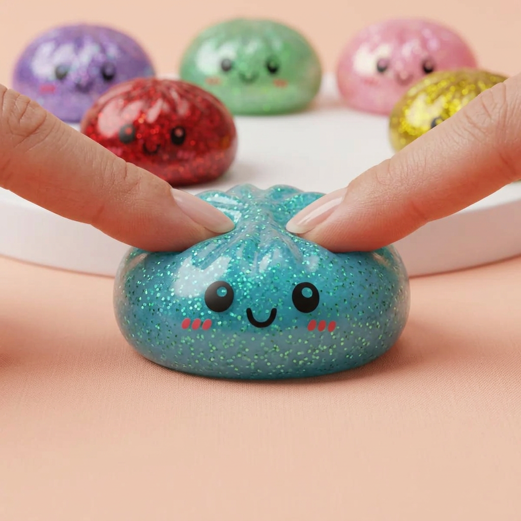 Glitter Dumpling Squishy Set of 6 being squeezed, soft slow-rise foam