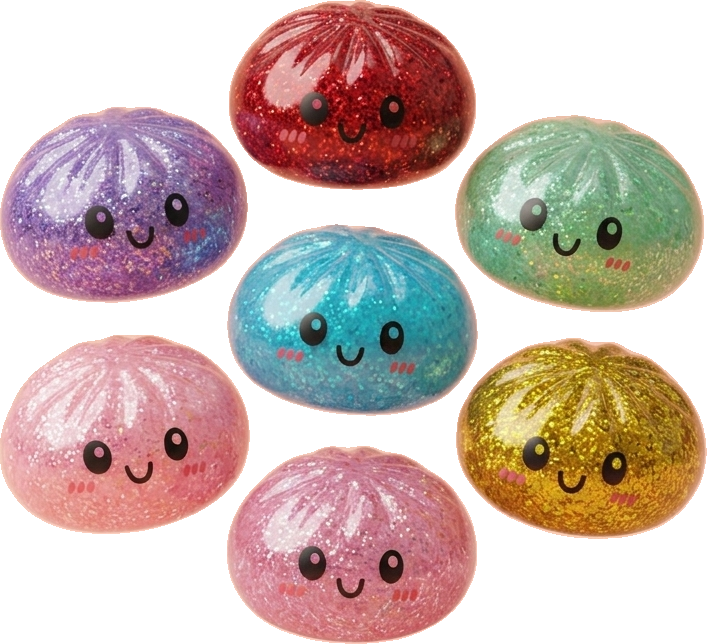 Glitter Dumpling Squishy Set of 6 being squeezed, soft slow-rise foam