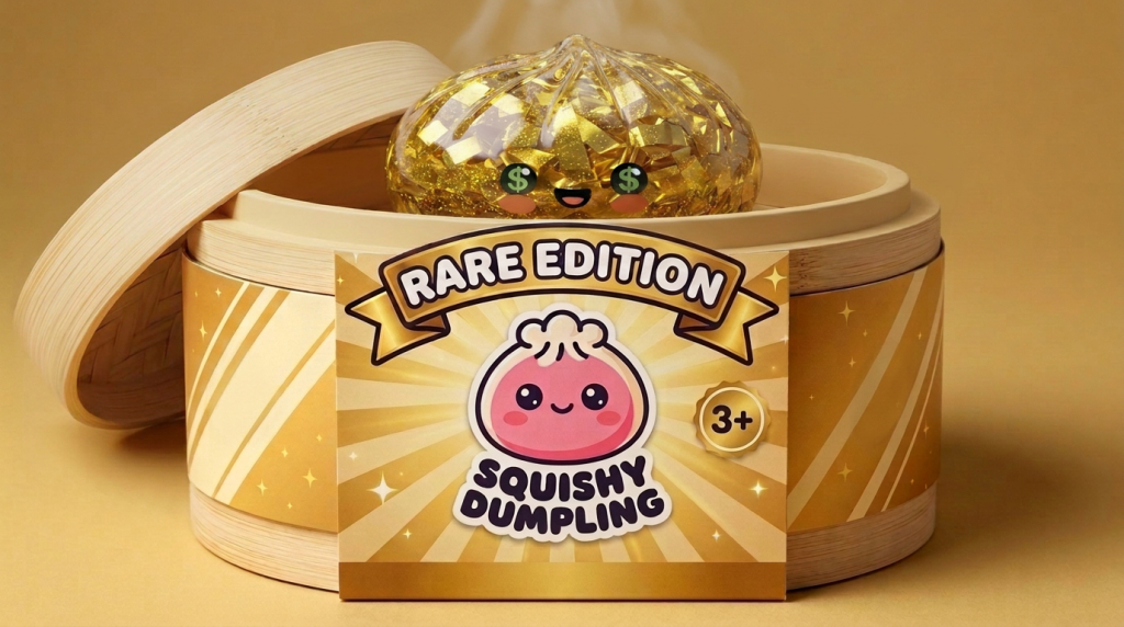 Gold Dumpling Squishy – Rare Edition in its bamboo steamer box