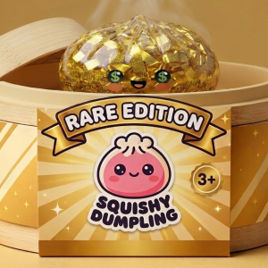 Gold Dumpling Squishy – Rare Edition in its bamboo steamer box