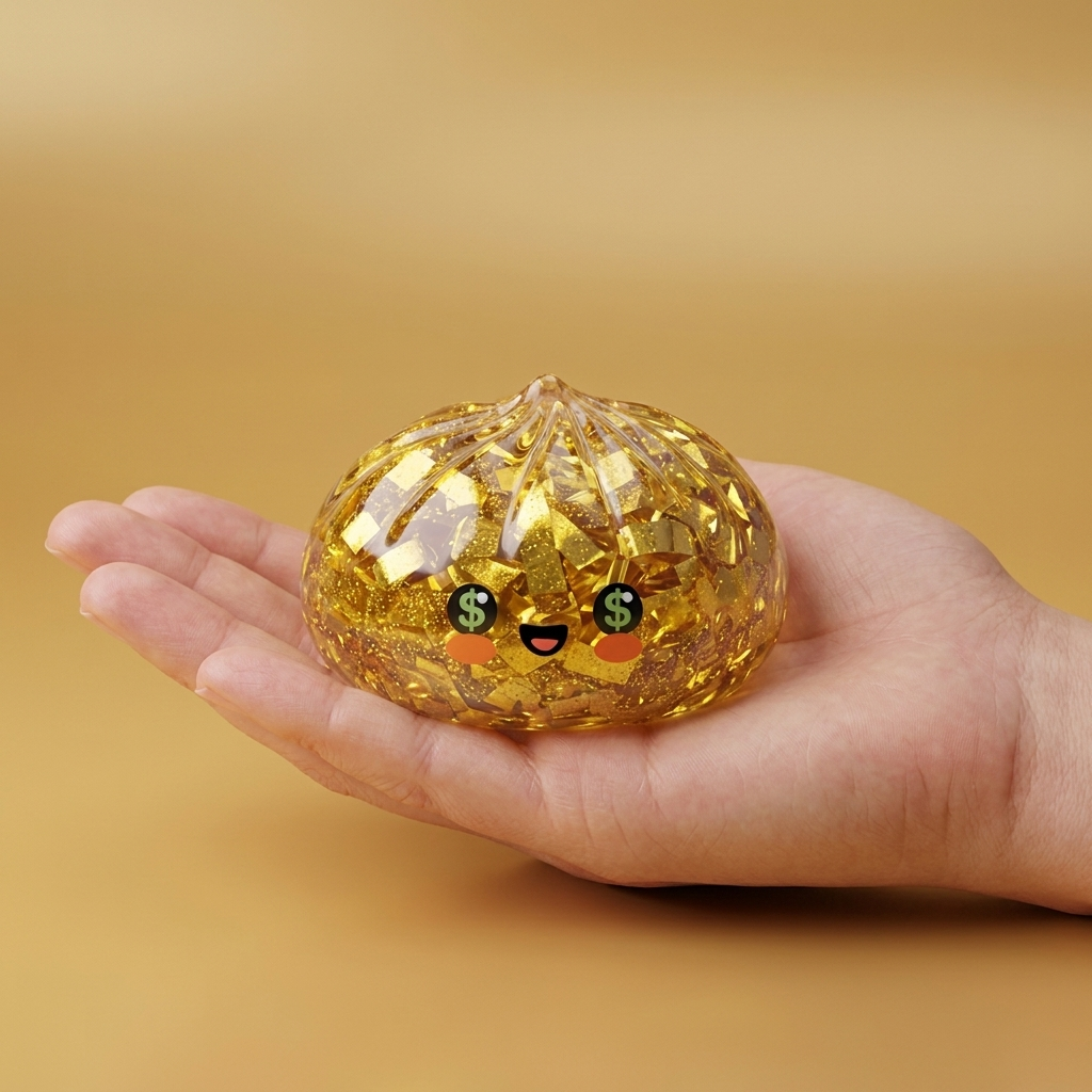 Gold Dumpling Squishy – Rare Edition held in hand, actual size
