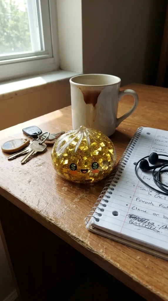 Gold Dumpling Squishy – Rare Edition on the desk