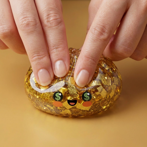 Gold Dumpling Squishy – Rare Edition being squeezed, soft slow-rise foam