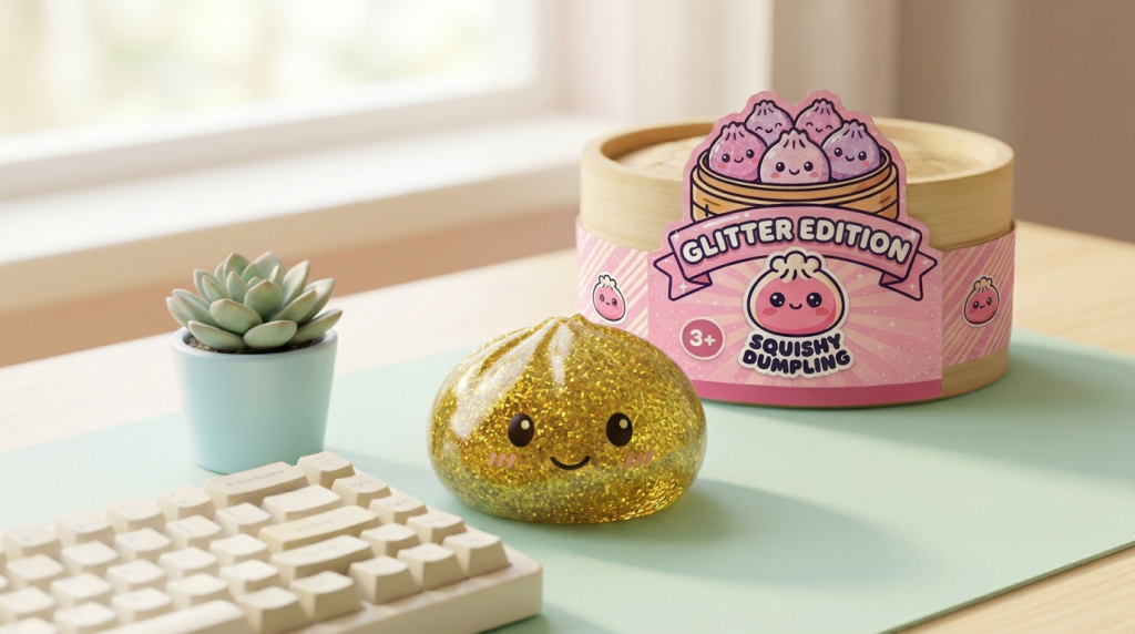 Gold Glitter Dumpling Squishy in its kawaii setting