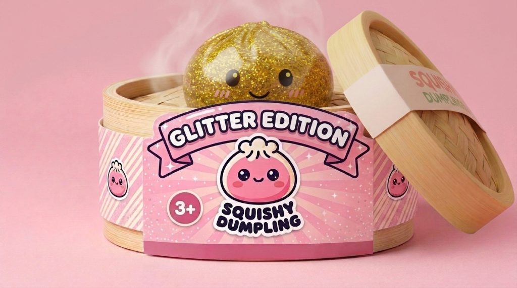Gold Glitter Dumpling Squishy in its bamboo steamer box