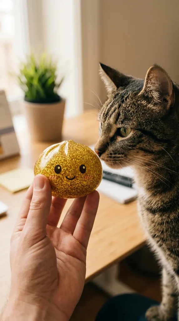 Gold Glitter Dumpling Squishy with a plush friend