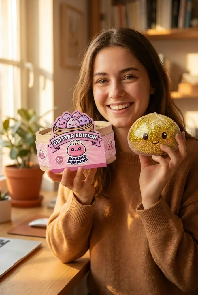 Gold Glitter Dumpling Squishy with its box