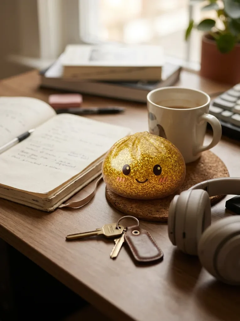 Gold Glitter Dumpling Squishy on the desk