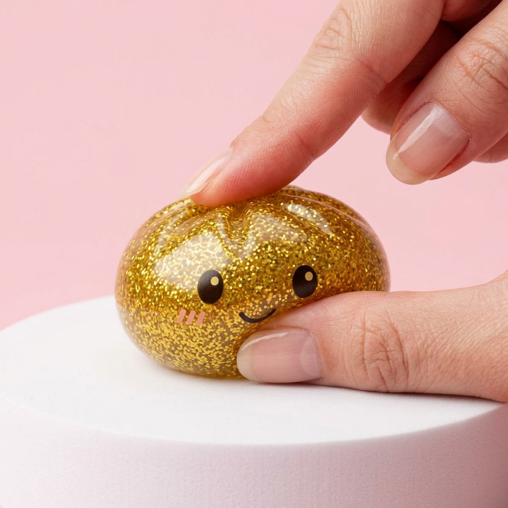 Gold Glitter Dumpling Squishy being squeezed, soft slow-rise foam