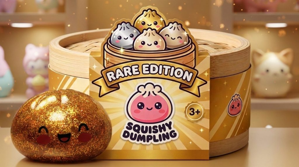 Gold Glitter Dumpling Squishy – Rare Treasure Edition in its kawaii setting