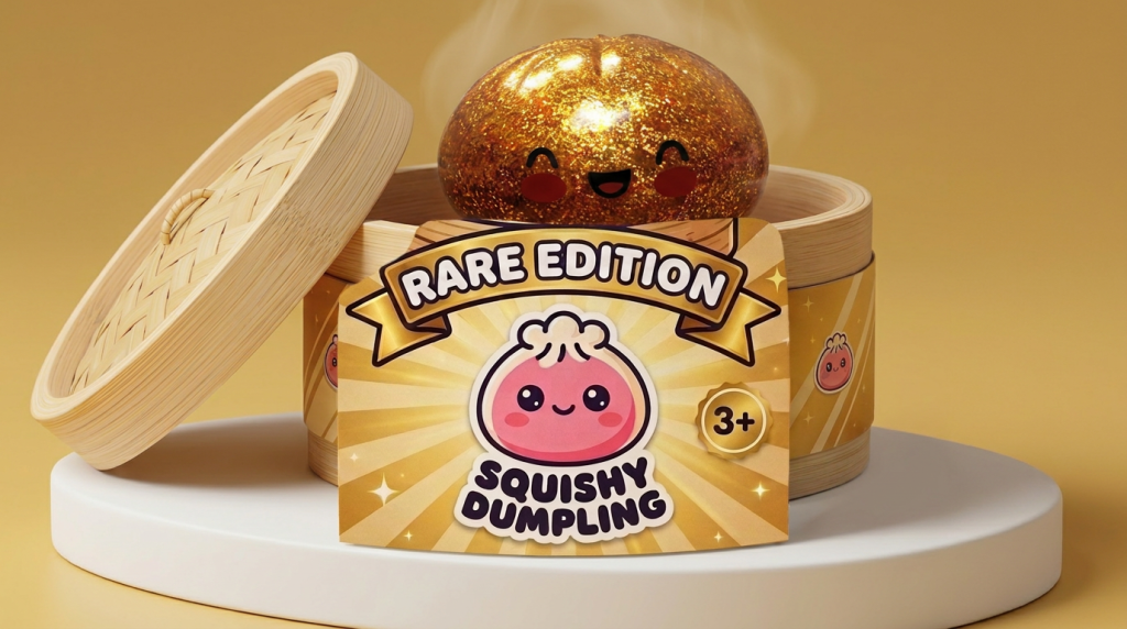 Gold Glitter Dumpling Squishy – Rare Treasure Edition in its bamboo steamer box