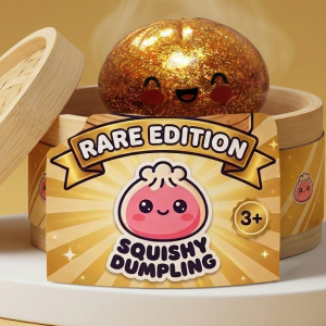 Gold Glitter Dumpling Squishy – Rare Treasure Edition in its bamboo steamer box