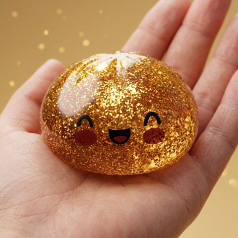 Gold Glitter Dumpling Squishy – Rare Treasure Edition held in hand, actual size