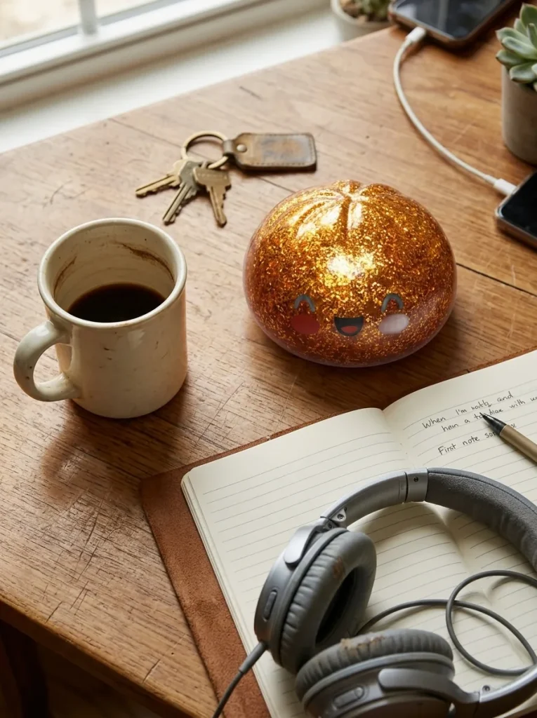 Gold Glitter Dumpling Squishy – Rare Treasure Edition on the desk