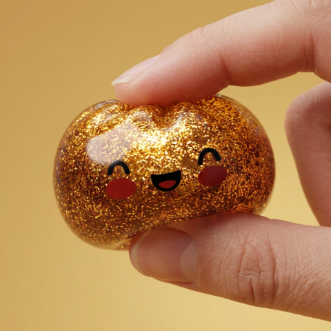 Gold Glitter Dumpling Squishy – Rare Treasure Edition being squeezed, soft slow-rise foam