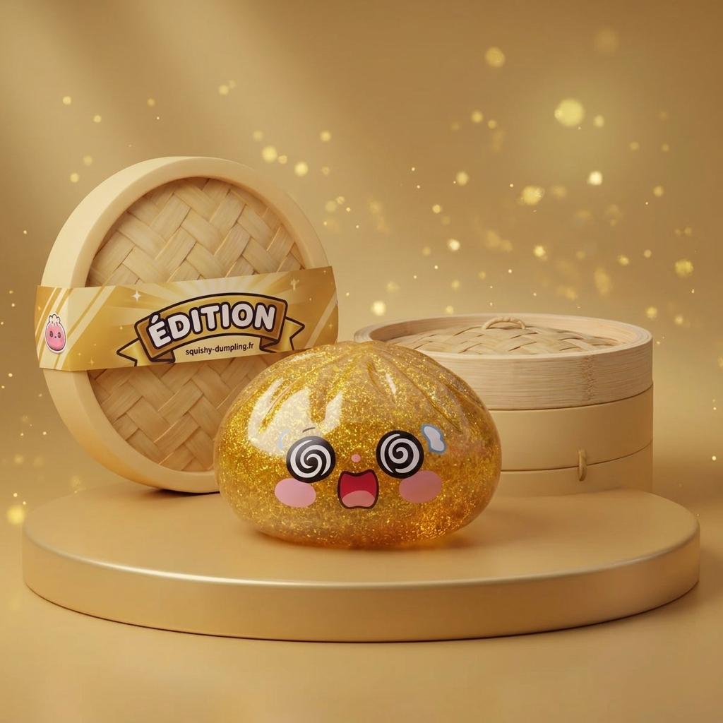 Gold Dumpling Squishy – Lucky Charm Edition in its kawaii setting