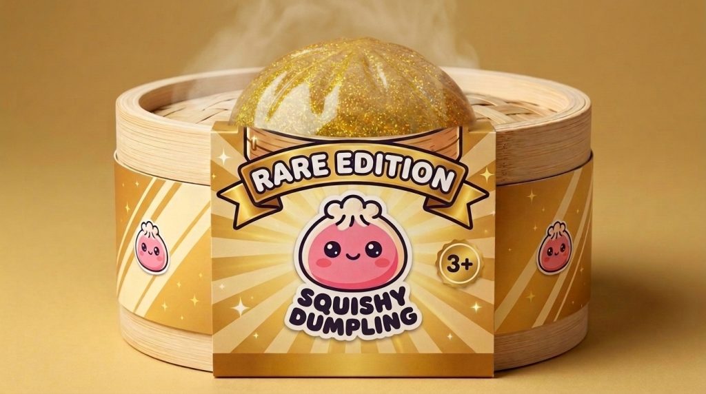 Gold Dumpling Squishy – Lucky Charm Edition in its bamboo steamer box