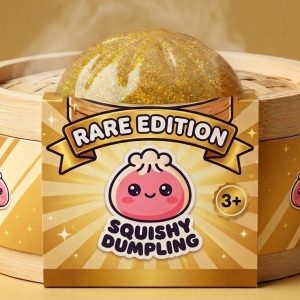 Gold Dumpling Squishy – Lucky Charm Edition in its bamboo steamer box