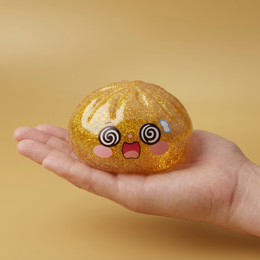 Gold Dumpling Squishy – Lucky Charm Edition held in hand, actual size