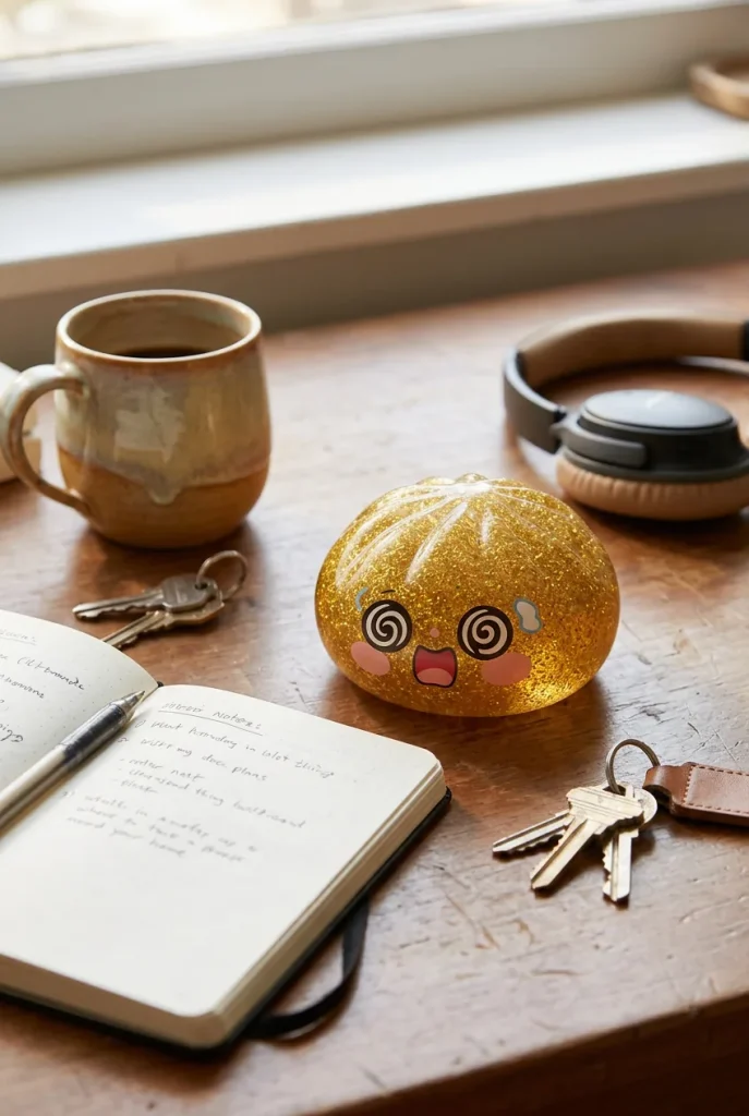 Gold Dumpling Squishy – Lucky Charm Edition on the desk